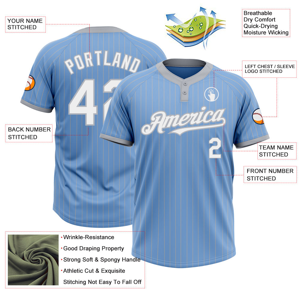 Custom Light Blue Gray Pinstripe White Two-Button Unisex Softball Jersey view 3