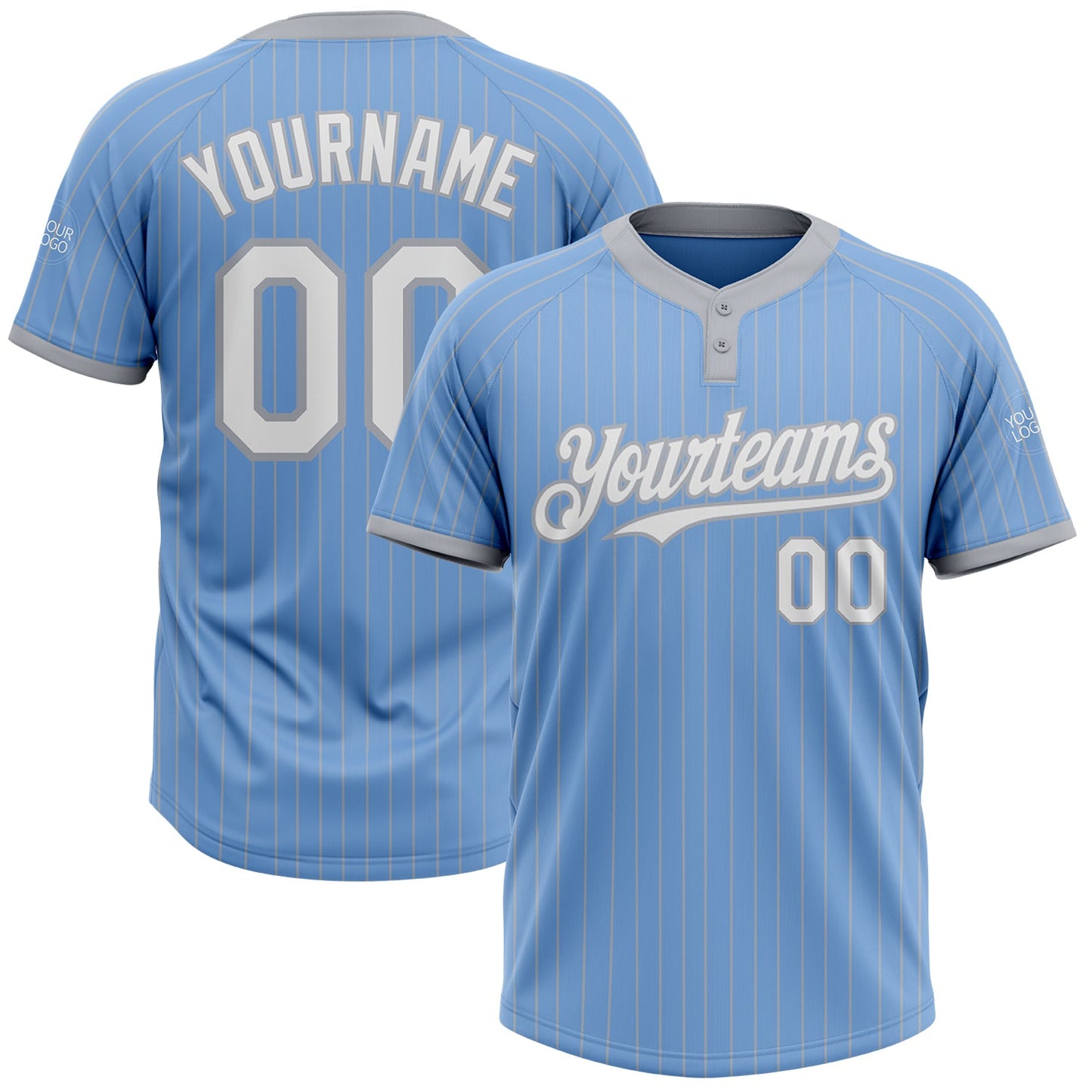 Custom Light Blue Gray Pinstripe White Two-Button Unisex Softball Jersey - Main View