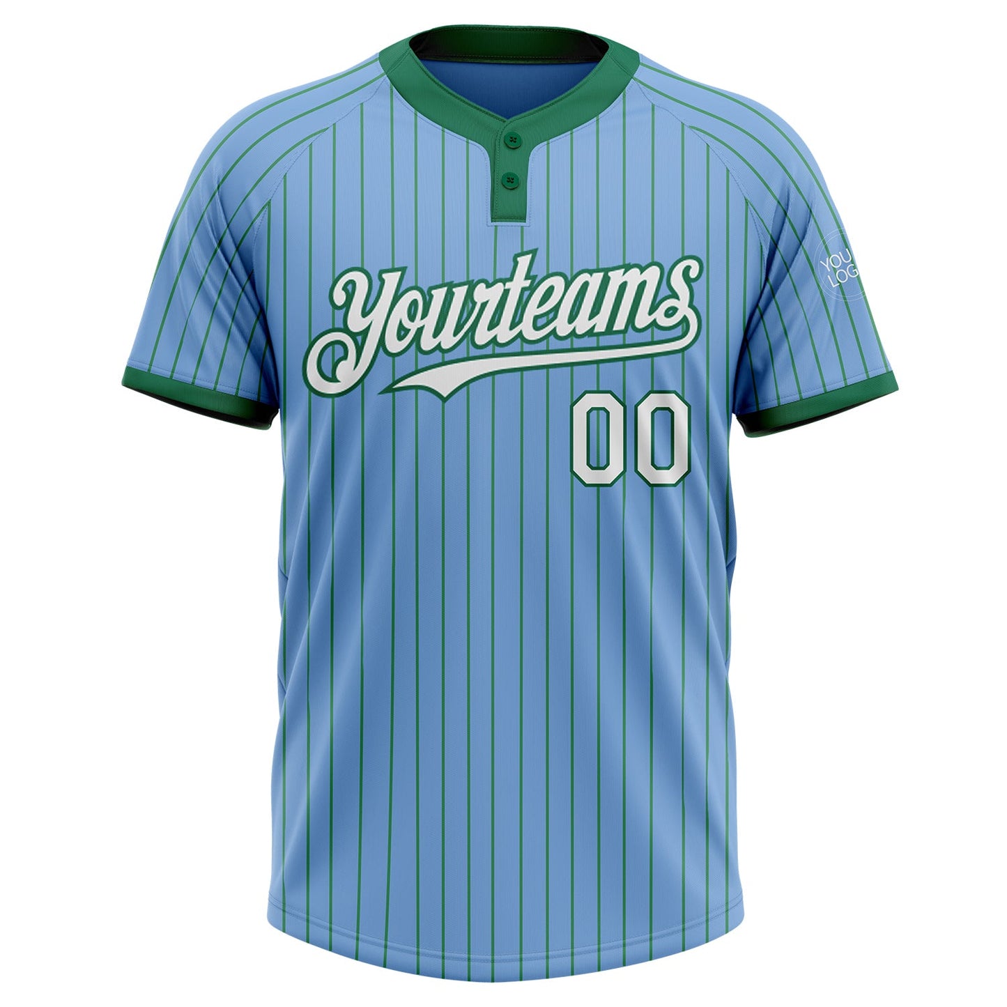 Custom Light Blue Kelly Green Pinstripe White Two-Button Unisex Softball Jersey view 2