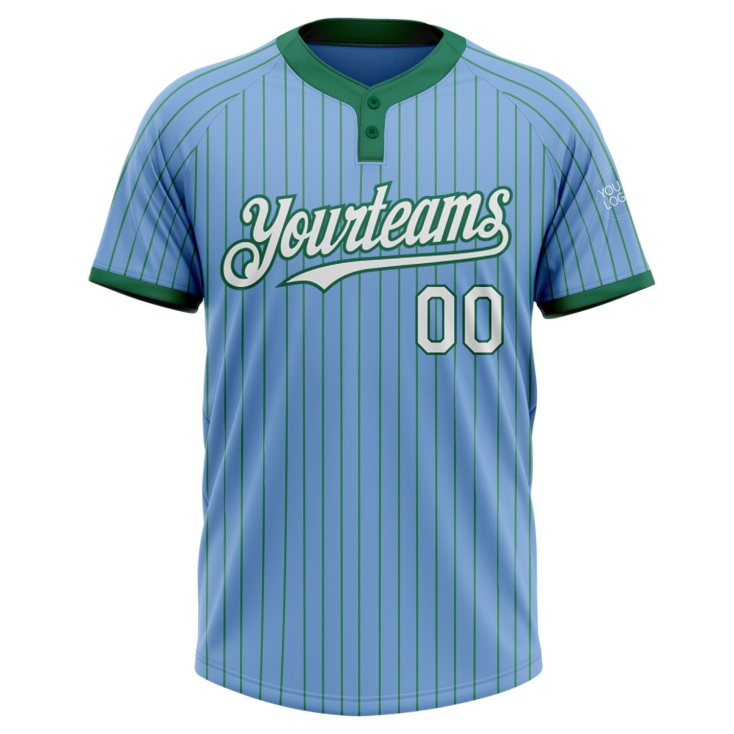 Custom Light Blue Kelly Green Pinstripe White Two-Button Unisex Softball Jersey view 2