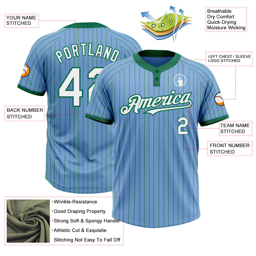 Custom Light Blue Kelly Green Pinstripe White Two-Button Unisex Softball Jersey view 3