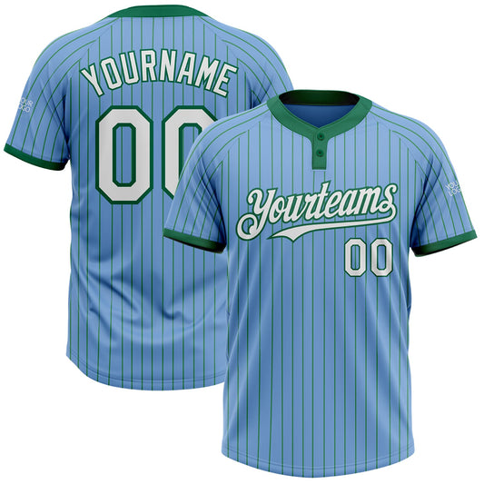 Custom Light Blue Kelly Green Pinstripe White Two-Button Unisex Softball Jersey - Main View