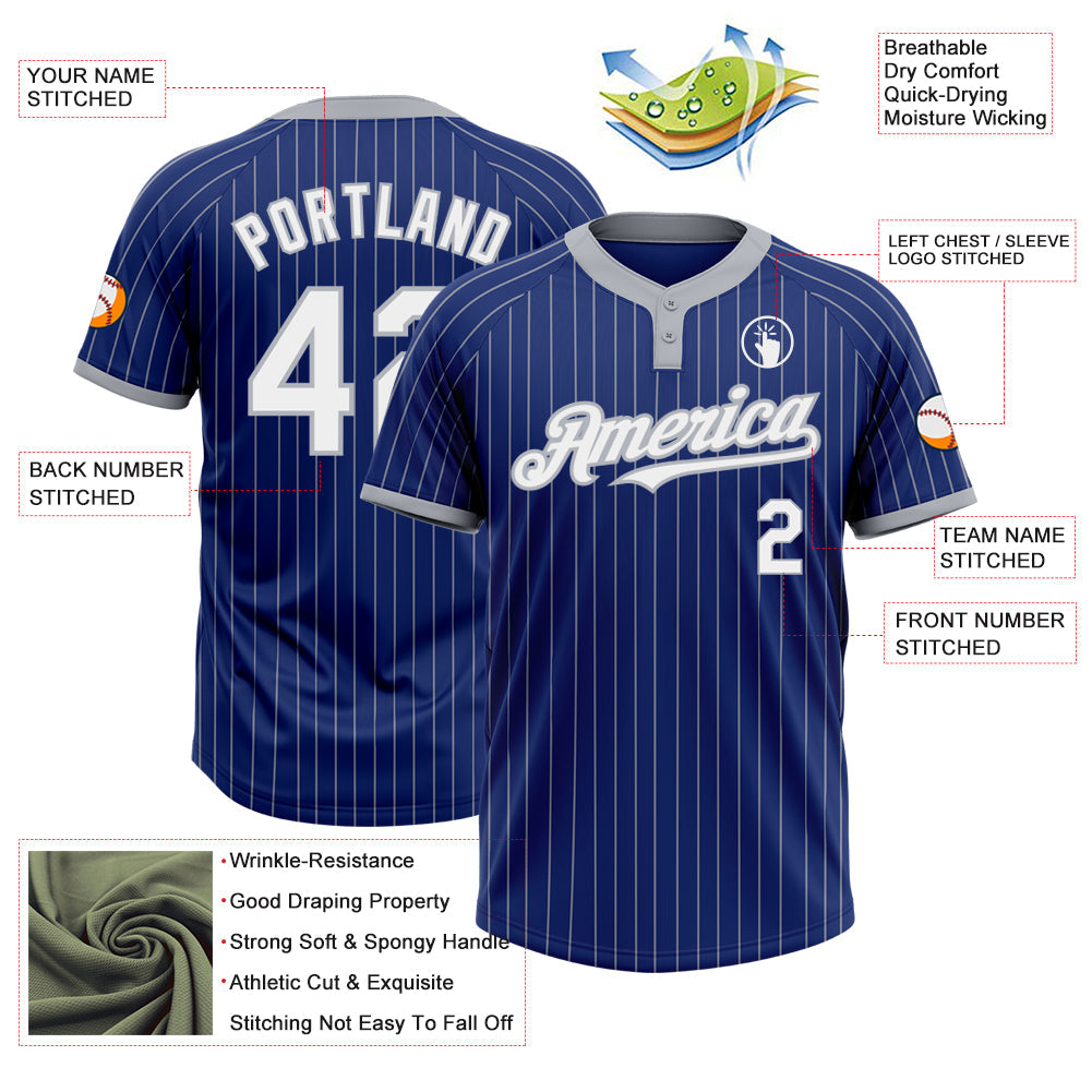 Custom Royal Gray Pinstripe White Two-Button Unisex Softball Jersey view 3