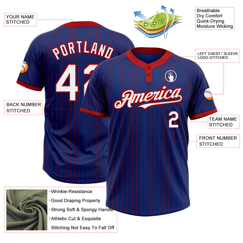 Custom Royal Red Pinstripe White Two-Button Unisex Softball Jersey view 3