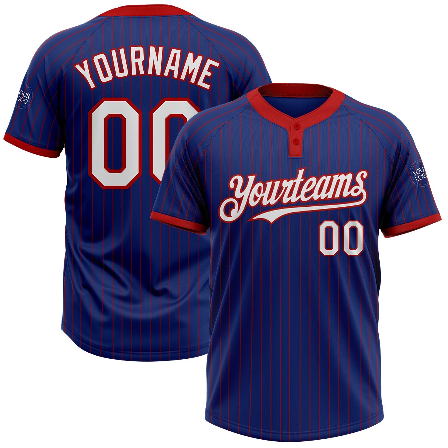 Custom Royal Red Pinstripe White Two-Button Unisex Softball Jersey - Main View