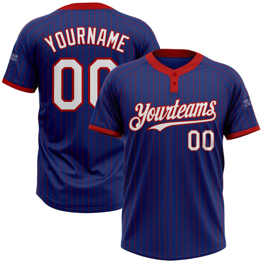 Custom Royal Red Pinstripe White Two-Button Unisex Softball Jersey - Main View