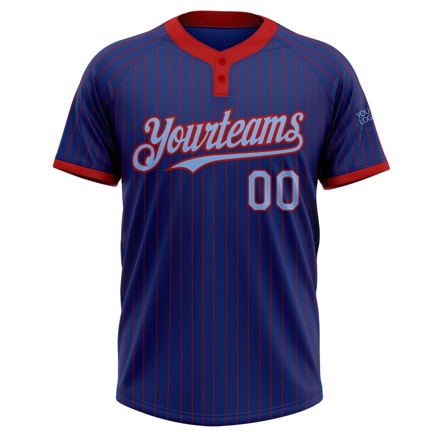 Custom Royal Red Pinstripe Light Blue Two-Button Unisex Softball Jersey view 2