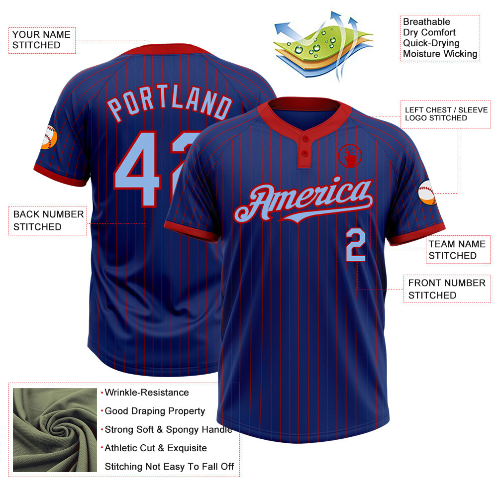 Custom Royal Red Pinstripe Light Blue Two-Button Unisex Softball Jersey view 3