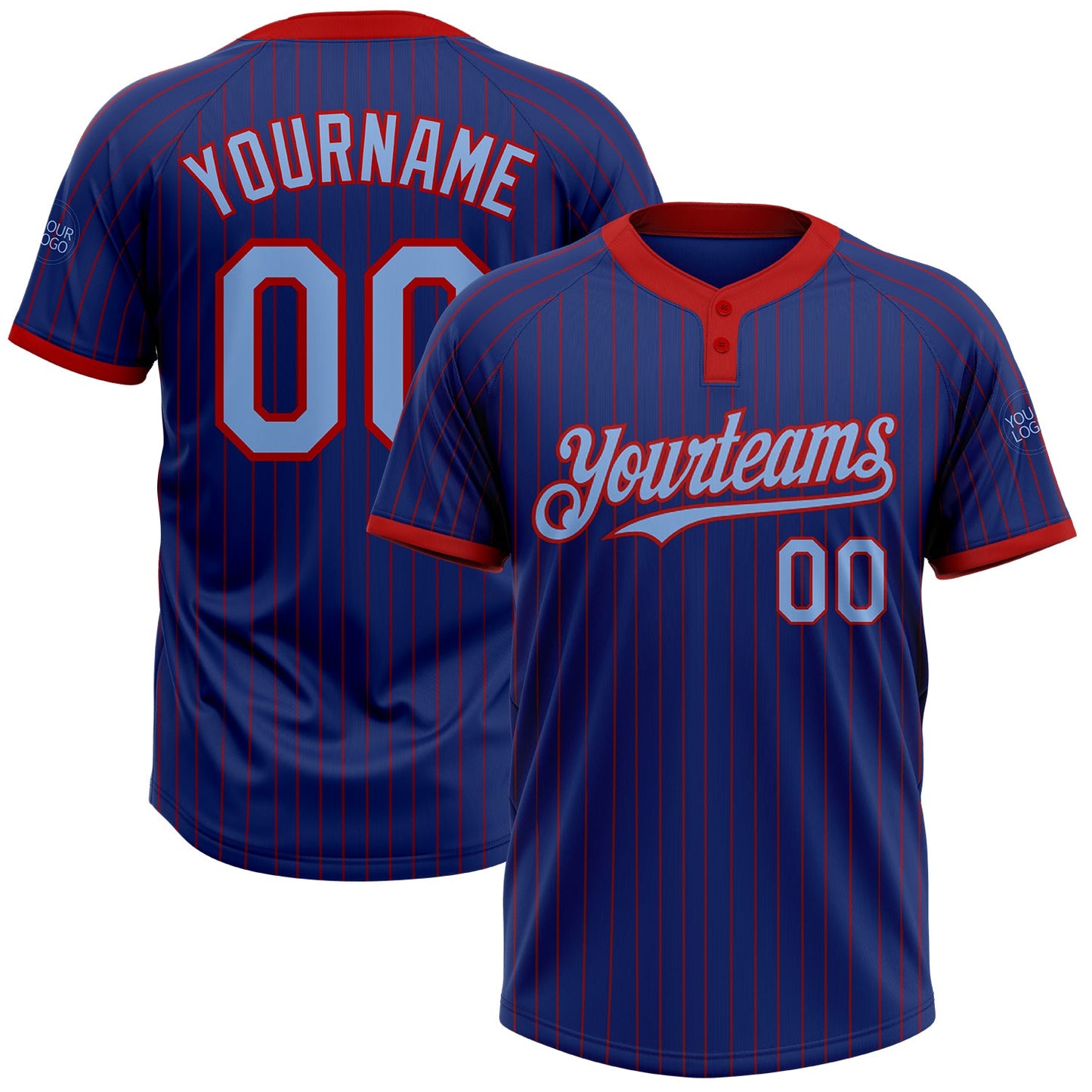 Custom Royal Red Pinstripe Light Blue Two-Button Unisex Softball Jersey - Main View