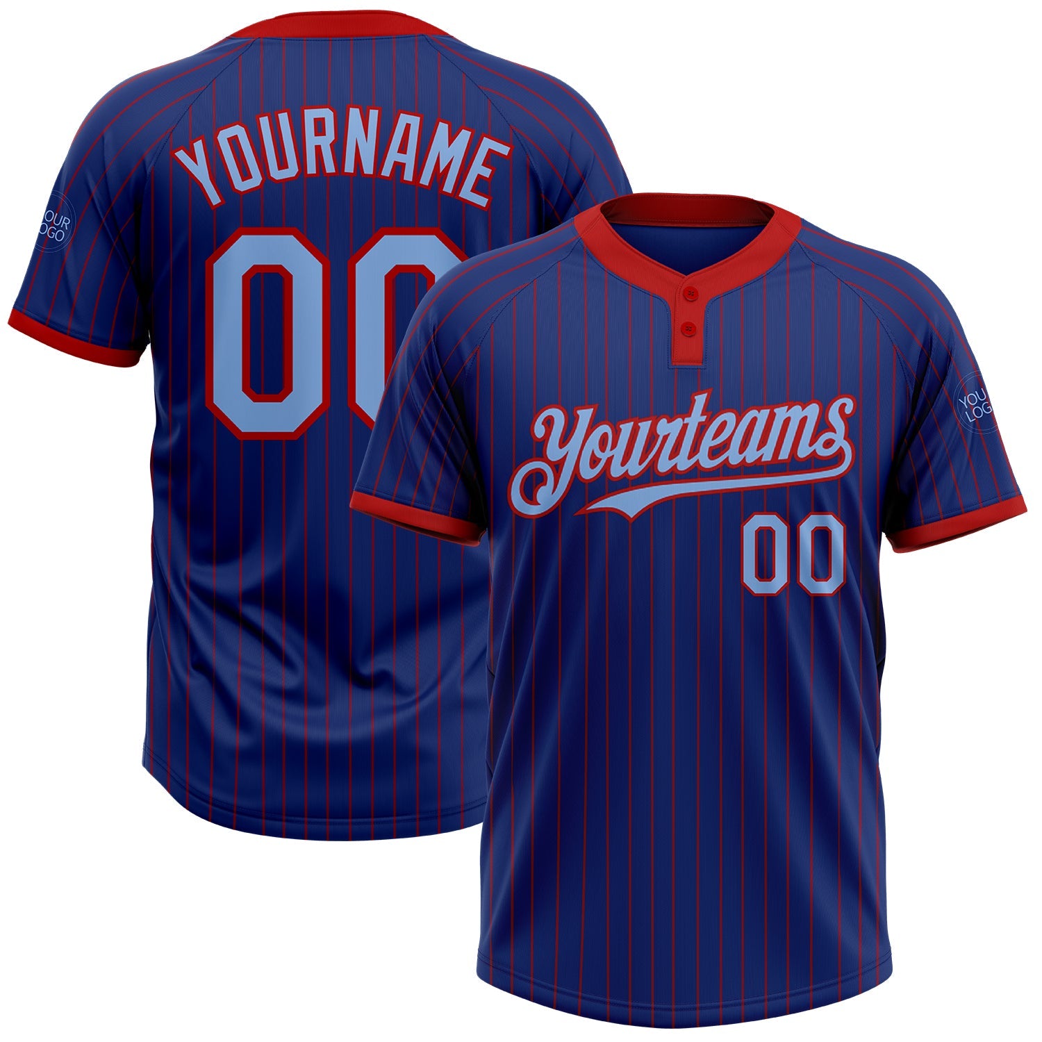Custom Royal Red Pinstripe Light Blue Two-Button Unisex Softball Jersey - Main View