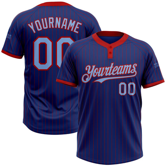 Custom Royal Red Pinstripe Light Blue Two-Button Unisex Softball Jersey - Main View