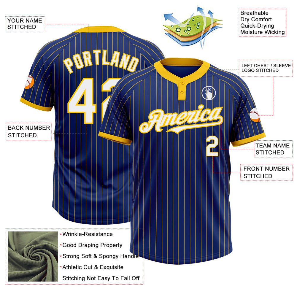Custom Royal Yellow Pinstripe White Two-Button Unisex Softball Jersey view 3