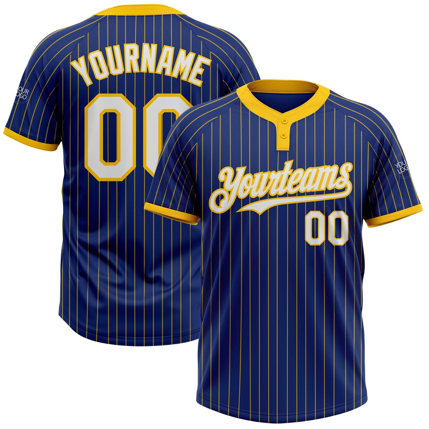 Custom Royal Yellow Pinstripe White Two-Button Unisex Softball Jersey - Main View