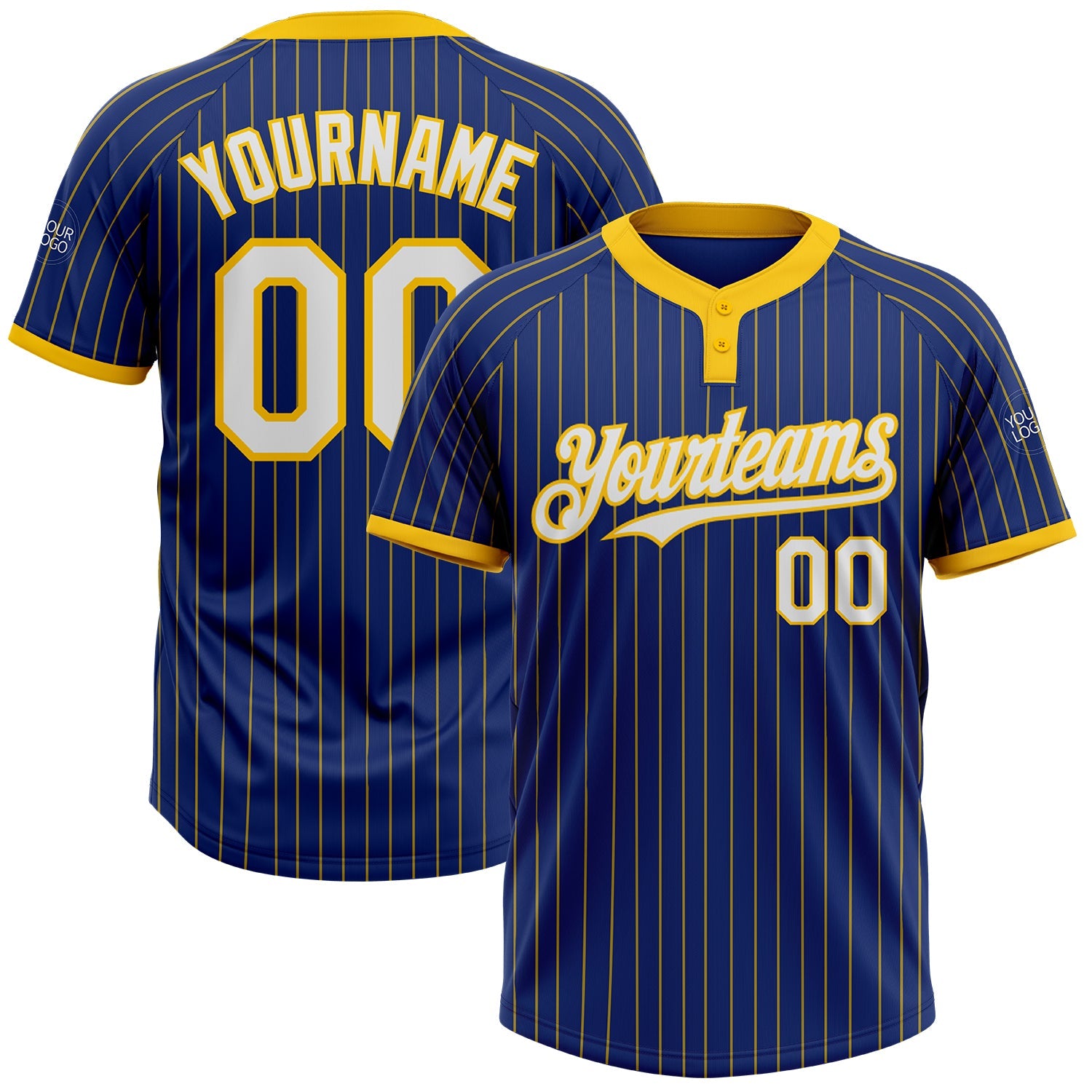 Custom Royal Yellow Pinstripe White Two-Button Unisex Softball Jersey - Main View