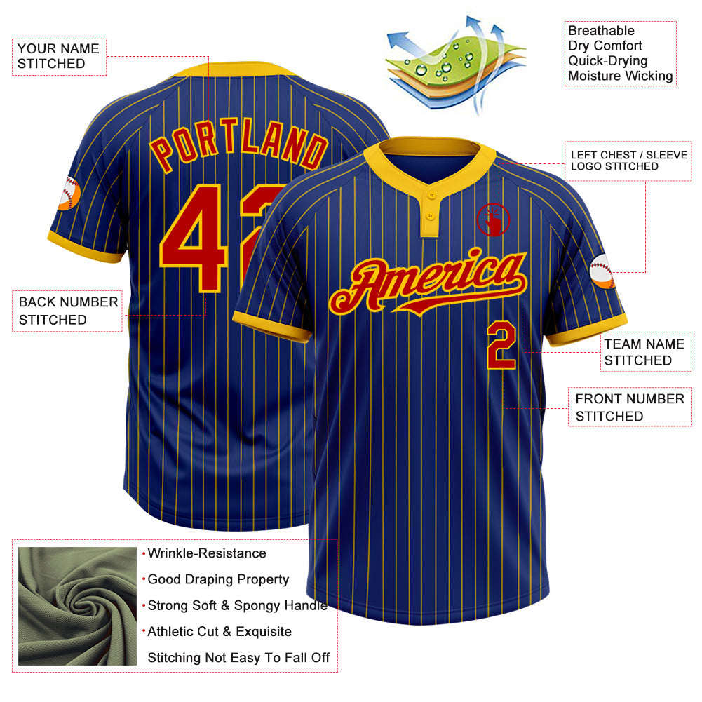 Custom Royal Yellow Pinstripe Red Two-Button Unisex Softball Jersey view 3
