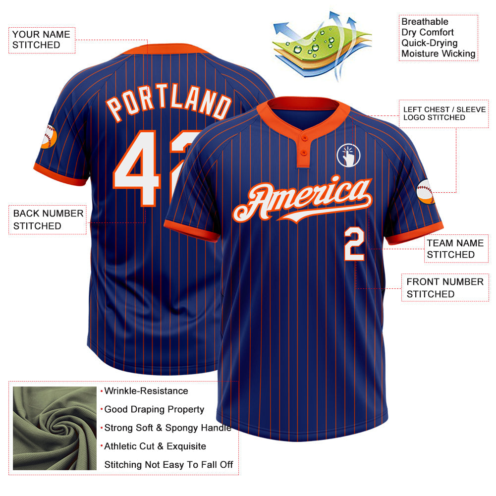 Custom Royal Orange Pinstripe White Two-Button Unisex Softball Jersey view 3