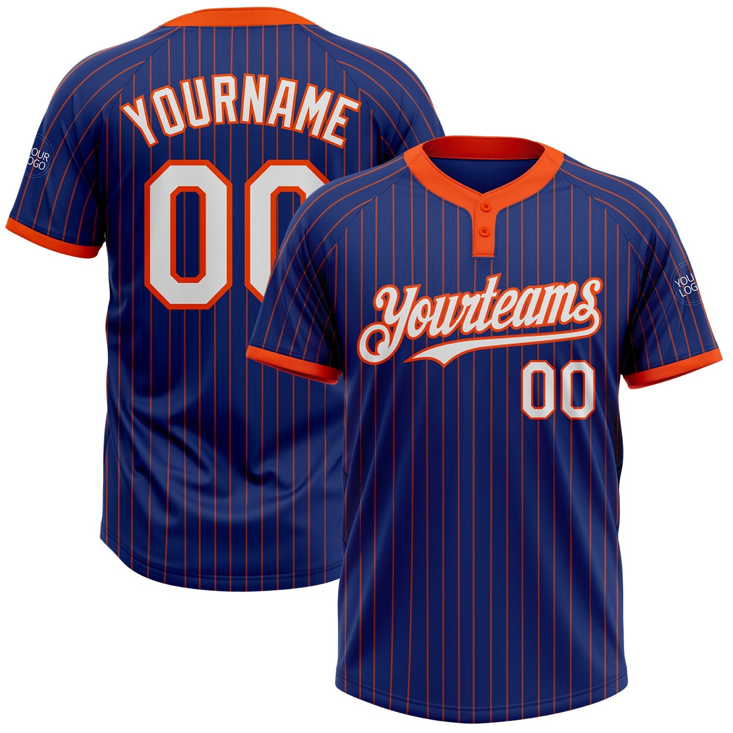 Custom Royal Orange Pinstripe White Two-Button Unisex Softball Jersey - Main View