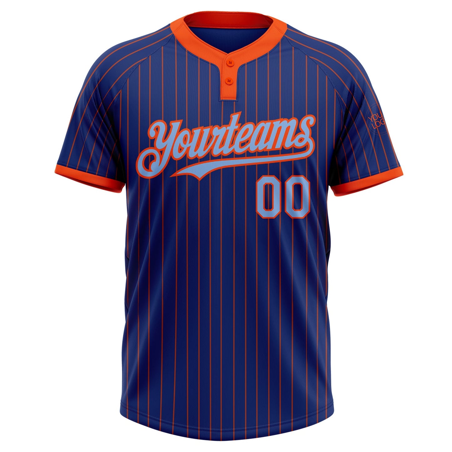 Custom Royal Orange Pinstripe Light Blue Two-Button Unisex Softball Jersey view 2