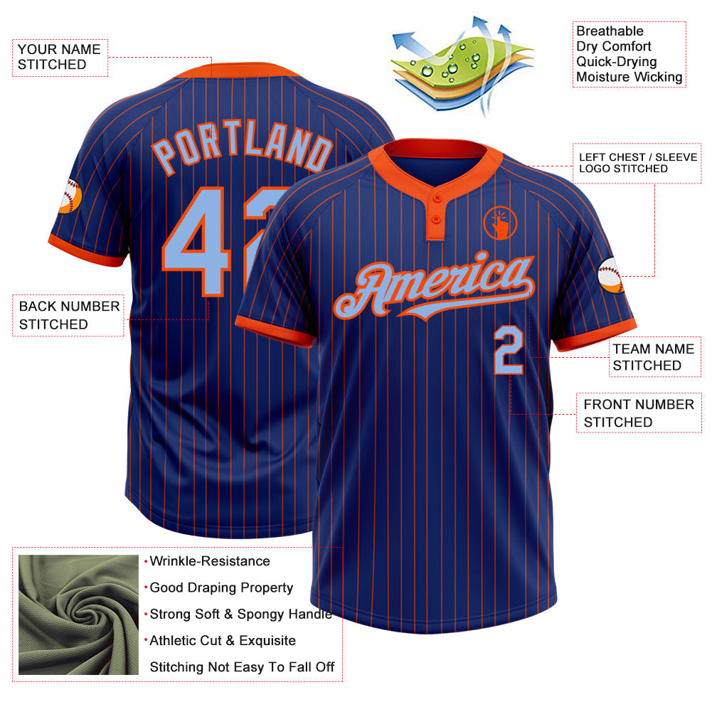 Custom Royal Orange Pinstripe Light Blue Two-Button Unisex Softball Jersey view 3
