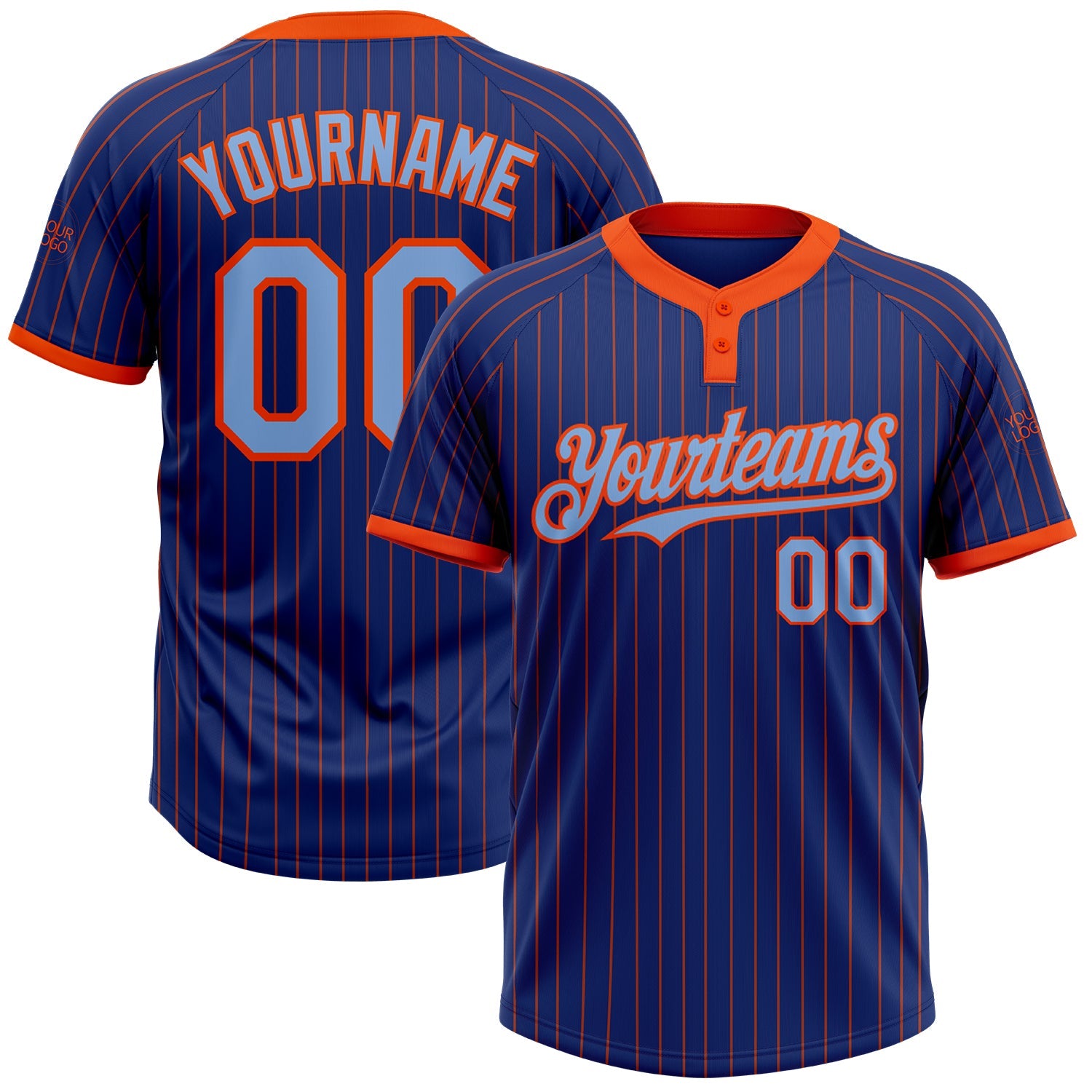 Custom Royal Orange Pinstripe Light Blue Two-Button Unisex Softball Jersey - Main View