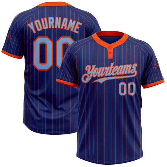 Custom Royal Orange Pinstripe Light Blue Two-Button Unisex Softball Jersey - Main View