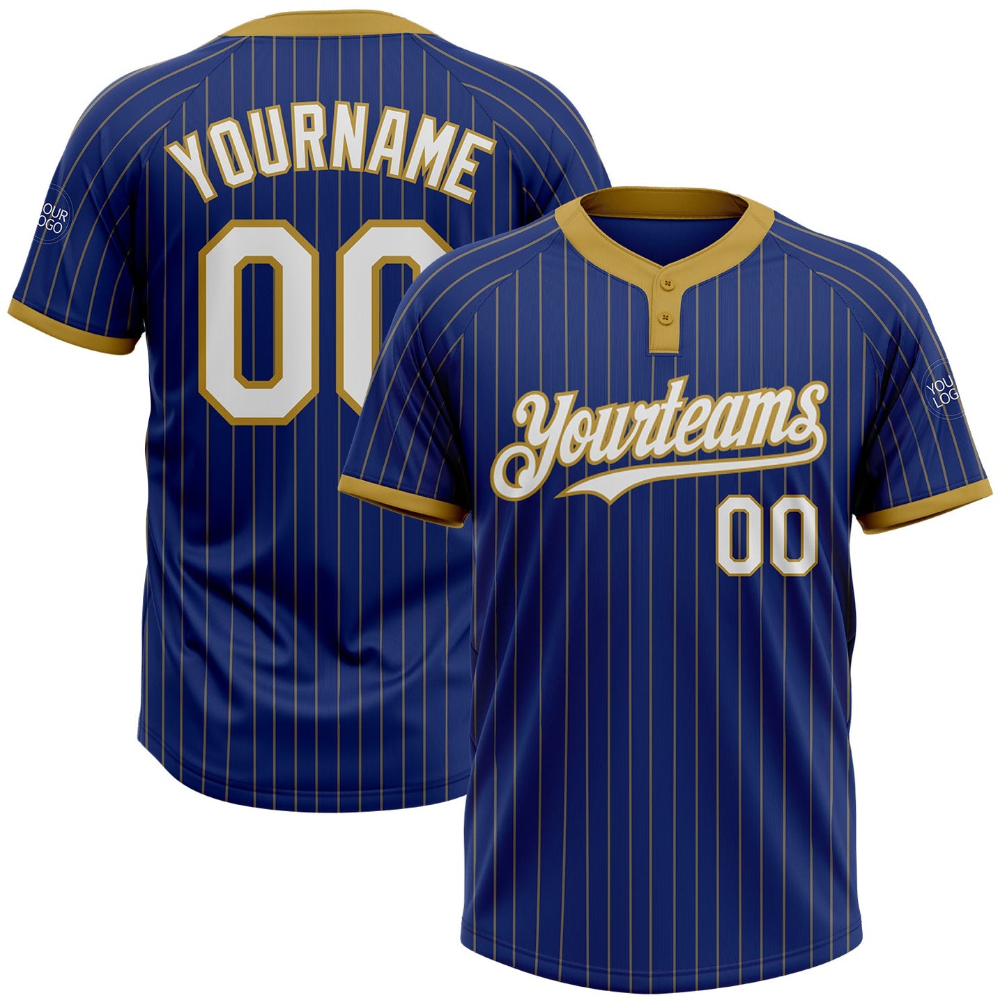Custom Royal Old Gold Pinstripe White Two-Button Unisex Softball Jersey - Main View
