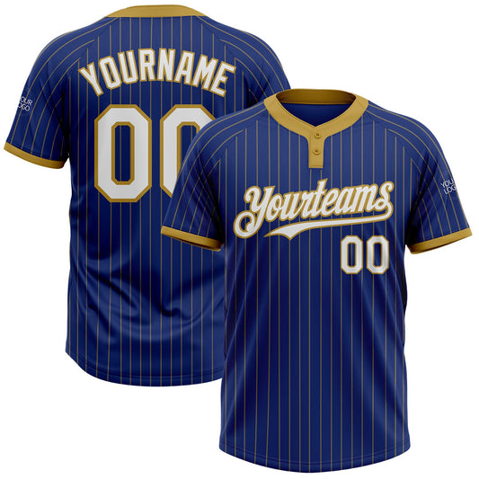 Custom Royal Old Gold Pinstripe White Two-Button Unisex Softball Jersey - Main View