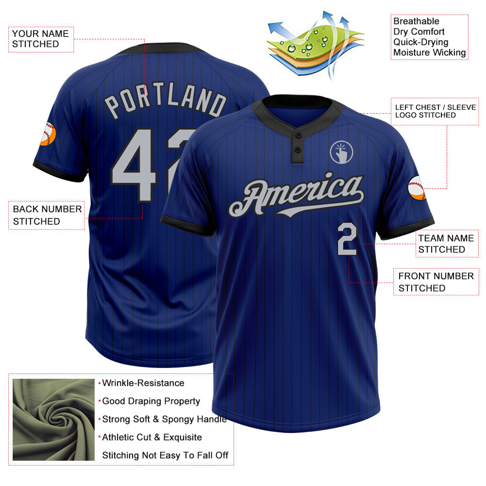 Custom Royal Black Pinstripe Gray Two-Button Unisex Softball Jersey view 3
