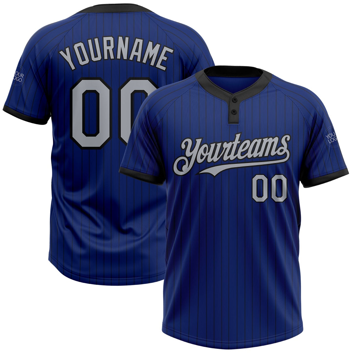 Custom Royal Black Pinstripe Gray Two-Button Unisex Softball Jersey - Main View