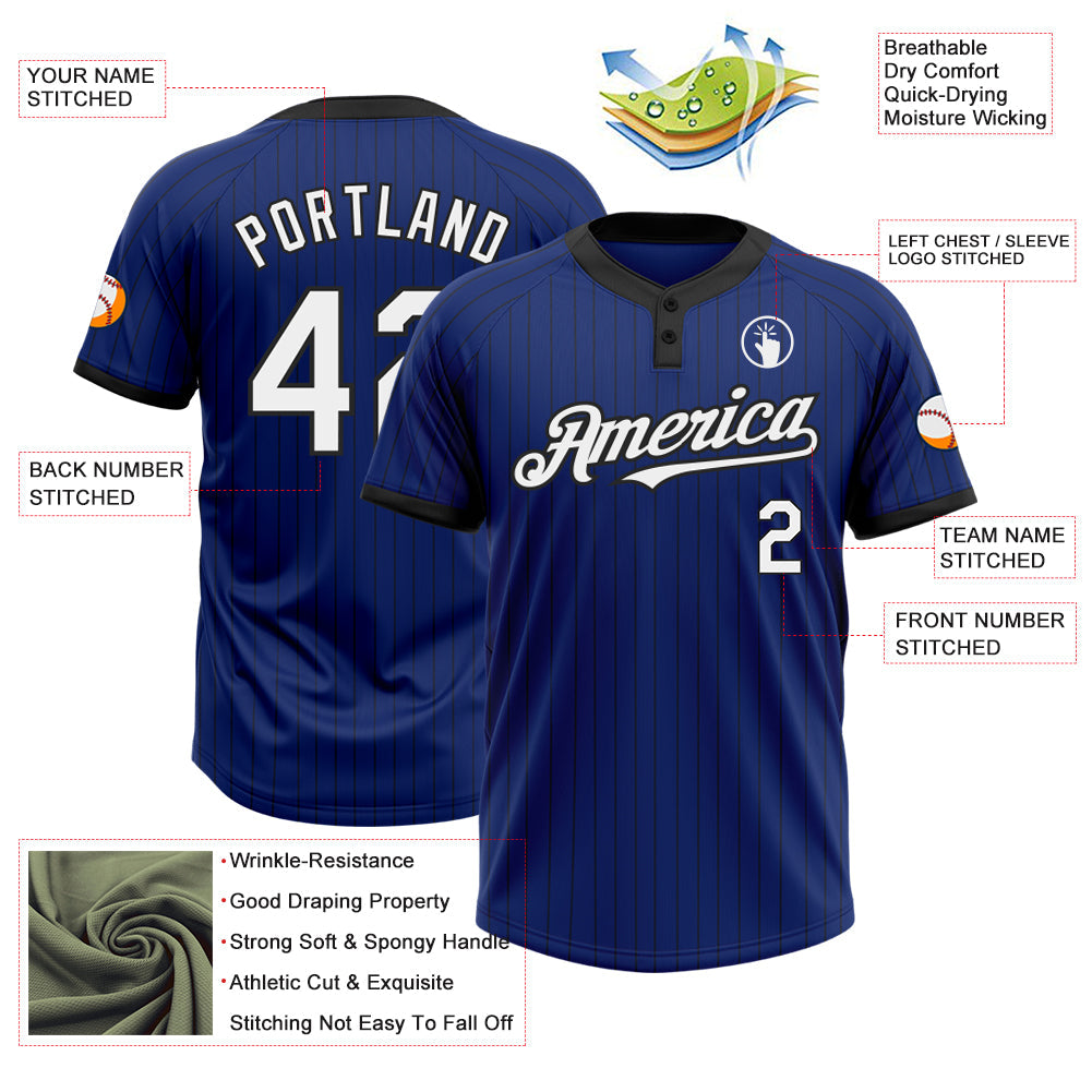 Custom Royal Black Pinstripe White Two-Button Unisex Softball Jersey view 3