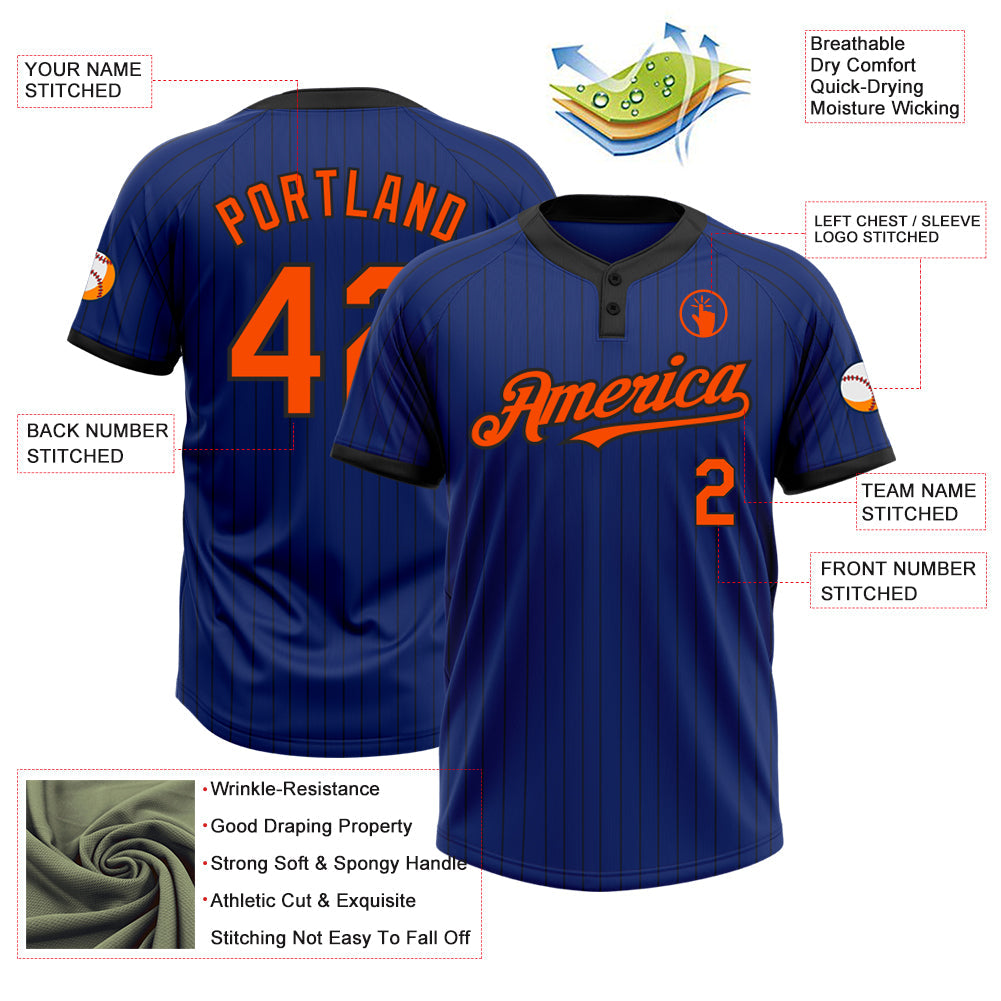 Custom Royal Black Pinstripe Orange Two-Button Unisex Softball Jersey view 3