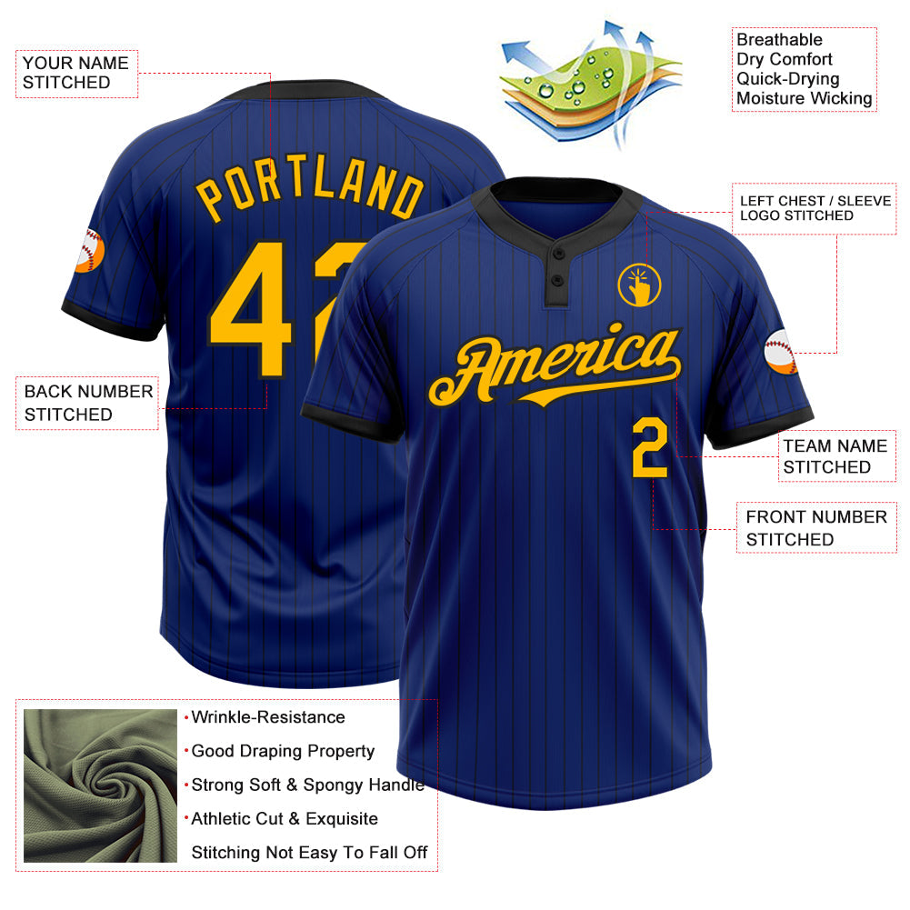 Custom Royal Black Pinstripe Gold Two-Button Unisex Softball Jersey view 3