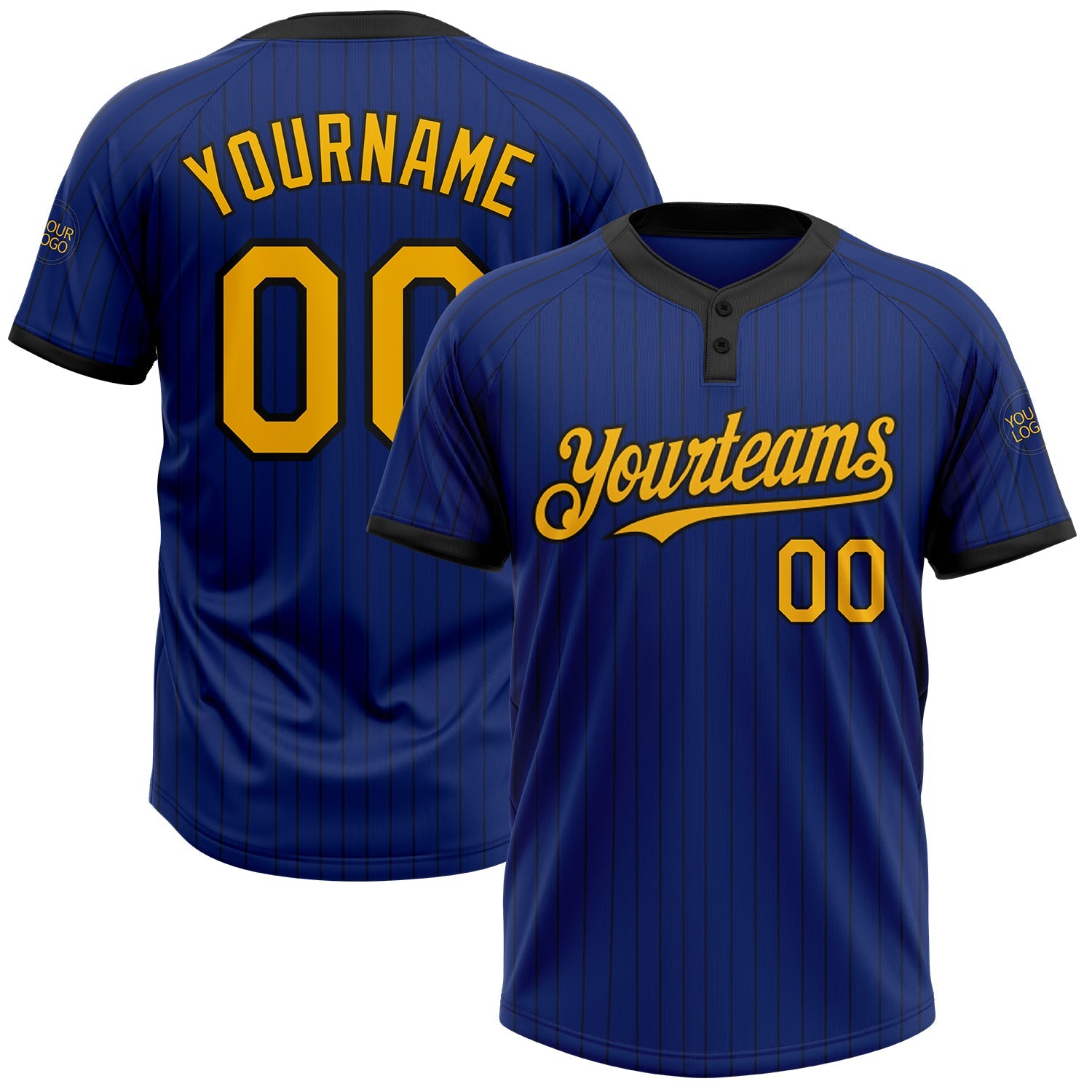 Custom Royal Black Pinstripe Gold Two-Button Unisex Softball Jersey - Main View