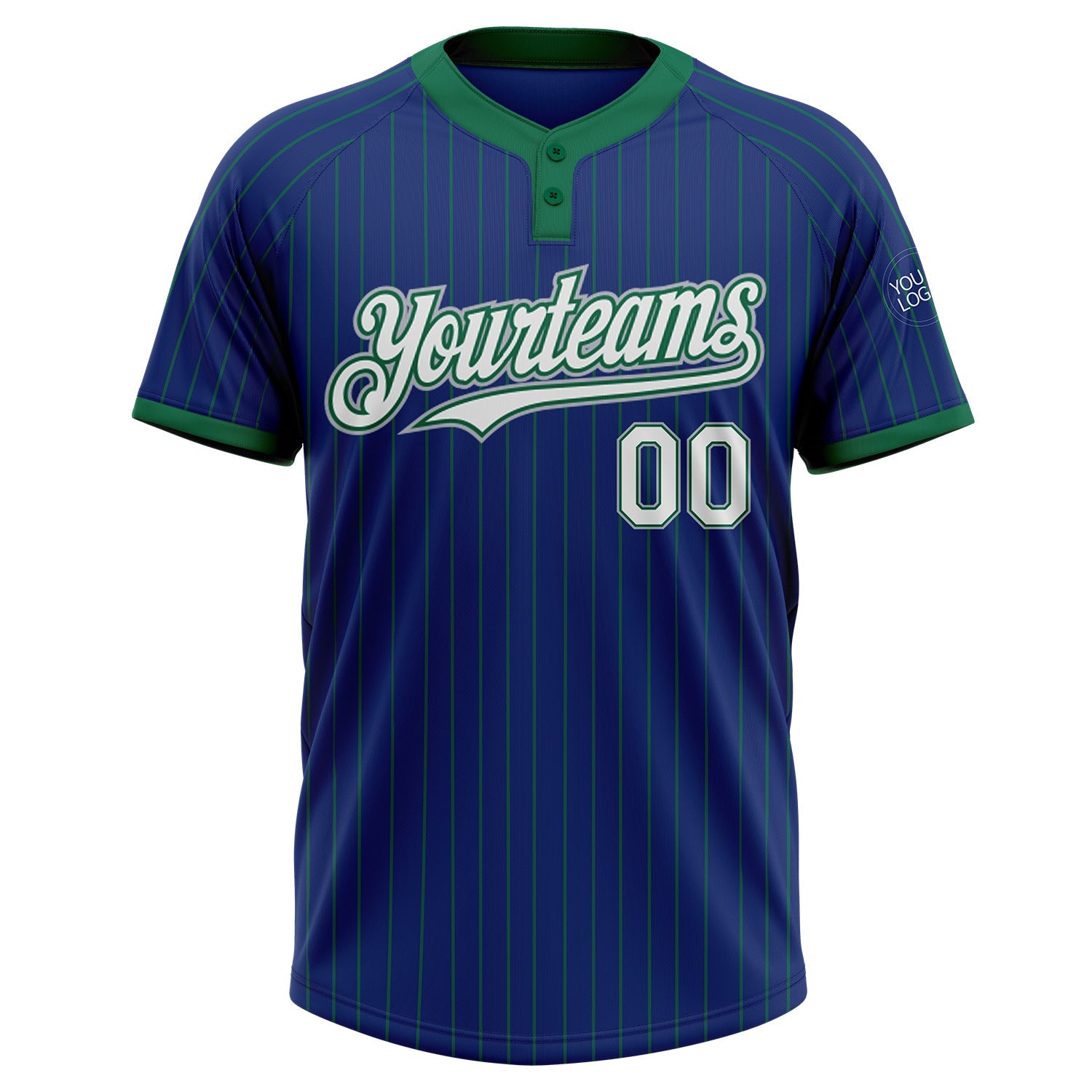 Custom Royal Kelly Green Pinstripe White-Gray Two-Button Unisex Softball Jersey view 2
