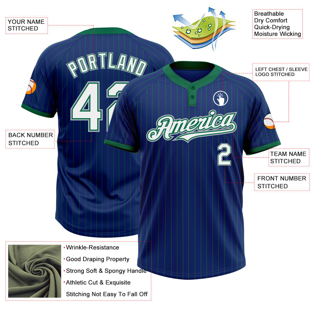 Custom Royal Kelly Green Pinstripe White-Gray Two-Button Unisex Softball Jersey view 3