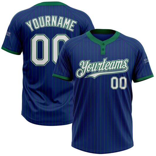 Custom Royal Kelly Green Pinstripe White-Gray Two-Button Unisex Softball Jersey - Main View