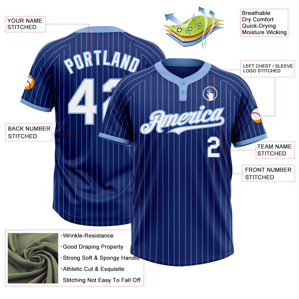 Custom Royal Light Blue Pinstripe White Two-Button Unisex Softball Jersey view 3