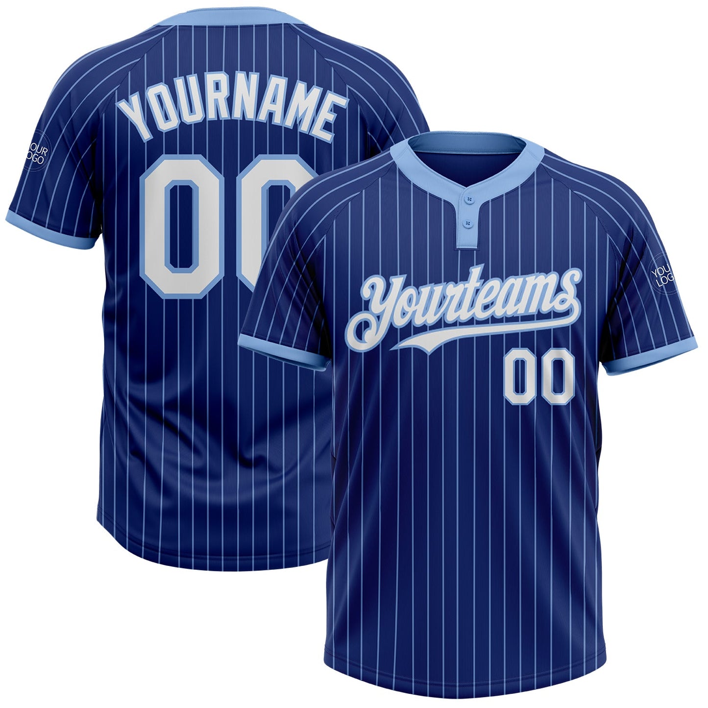 Custom Royal Light Blue Pinstripe White Two-Button Unisex Softball Jersey - Main View
