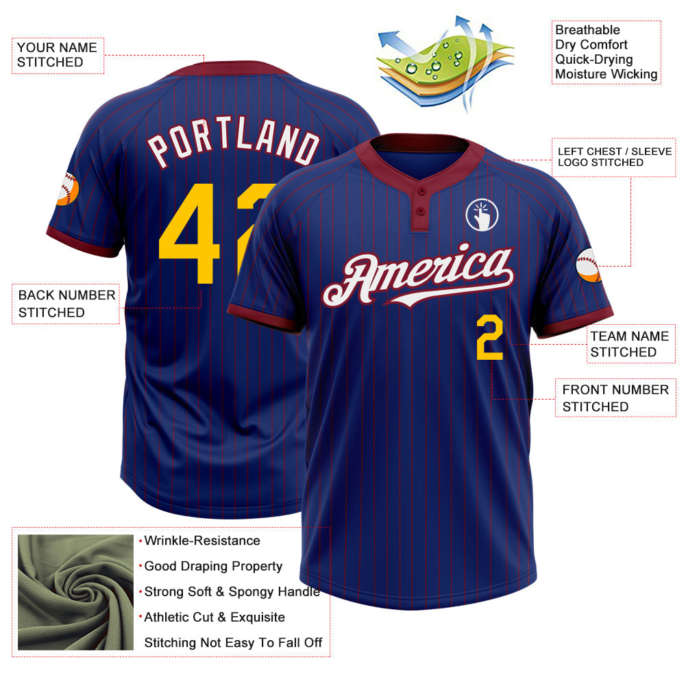 Custom Royal Crimson Pinstripe Yellow-White Two-Button Unisex Softball Jersey view 3
