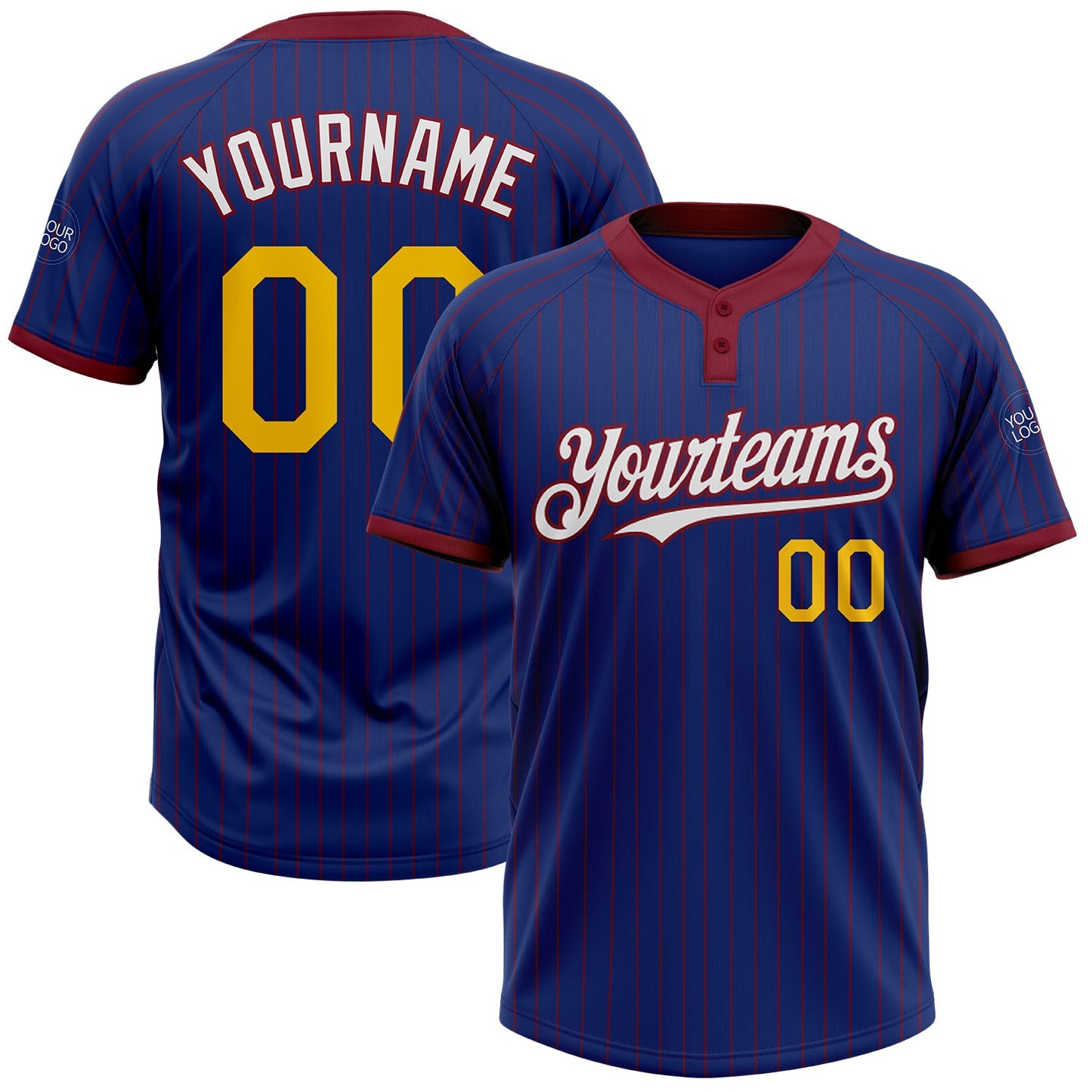 Custom Royal Crimson Pinstripe Yellow-White Two-Button Unisex Softball Jersey - Main View