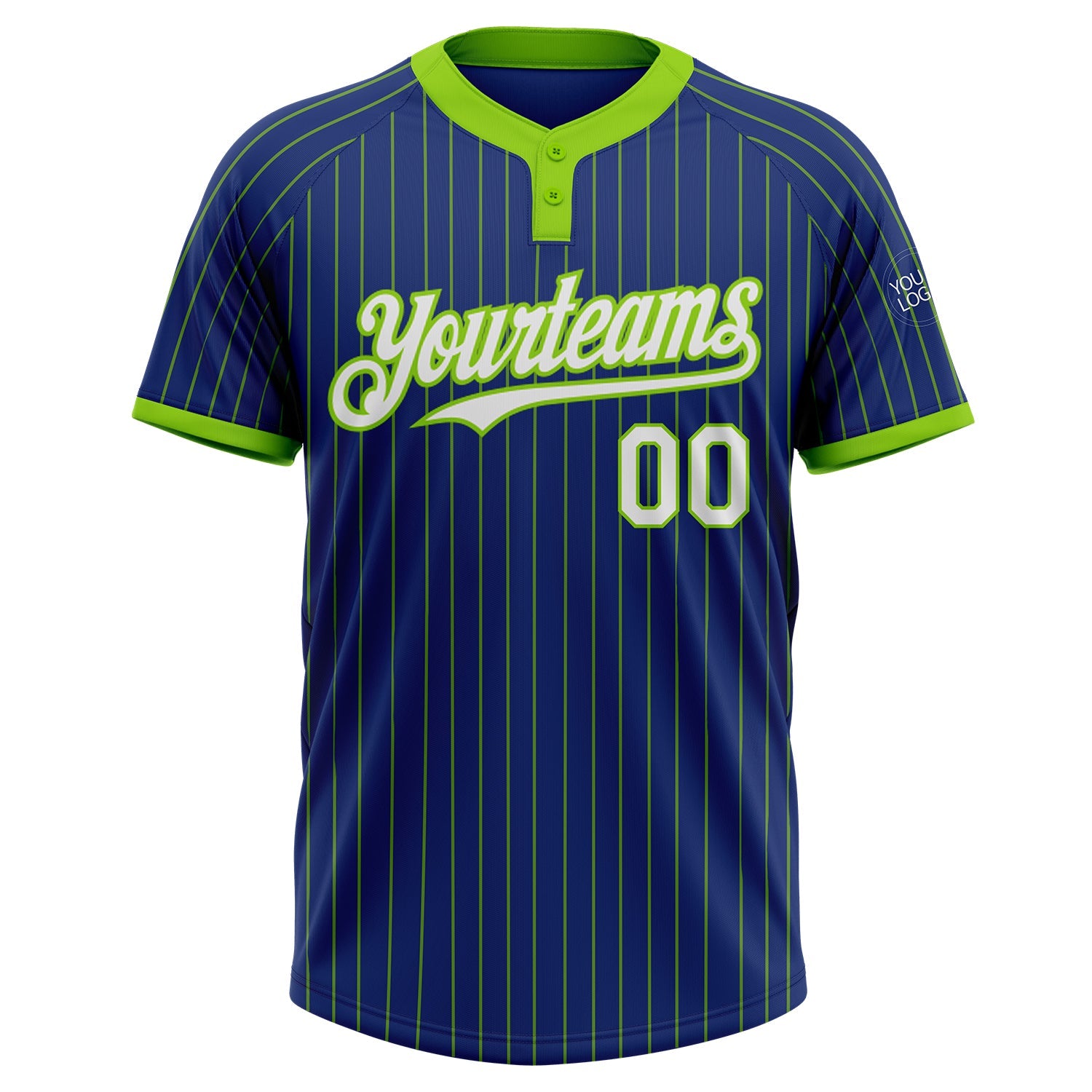 Custom Royal Neon Green Pinstripe White Two-Button Unisex Softball Jersey view 2