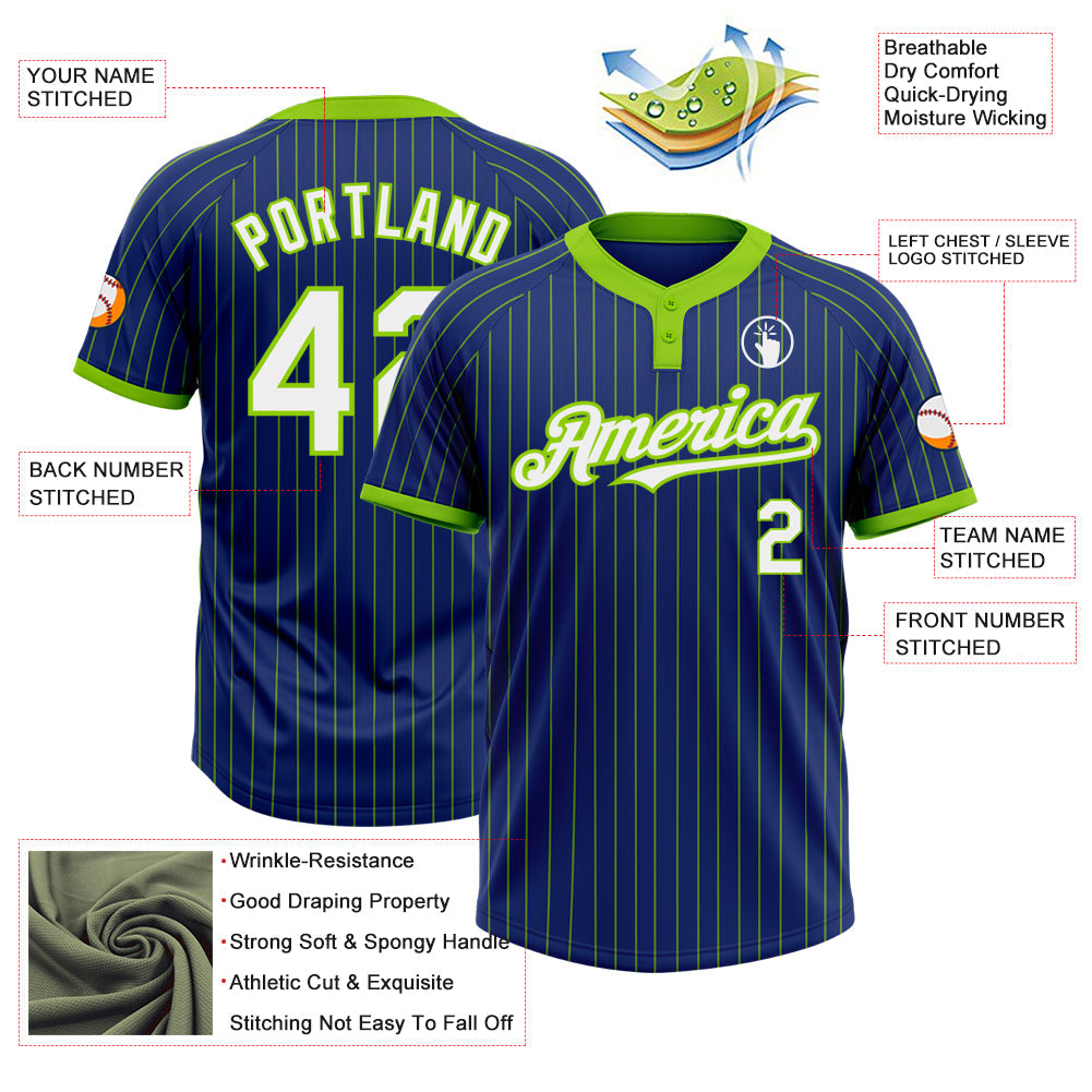 Custom Royal Neon Green Pinstripe White Two-Button Unisex Softball Jersey view 3