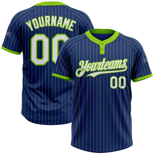 Custom Royal Neon Green Pinstripe White Two-Button Unisex Softball Jersey - Main View