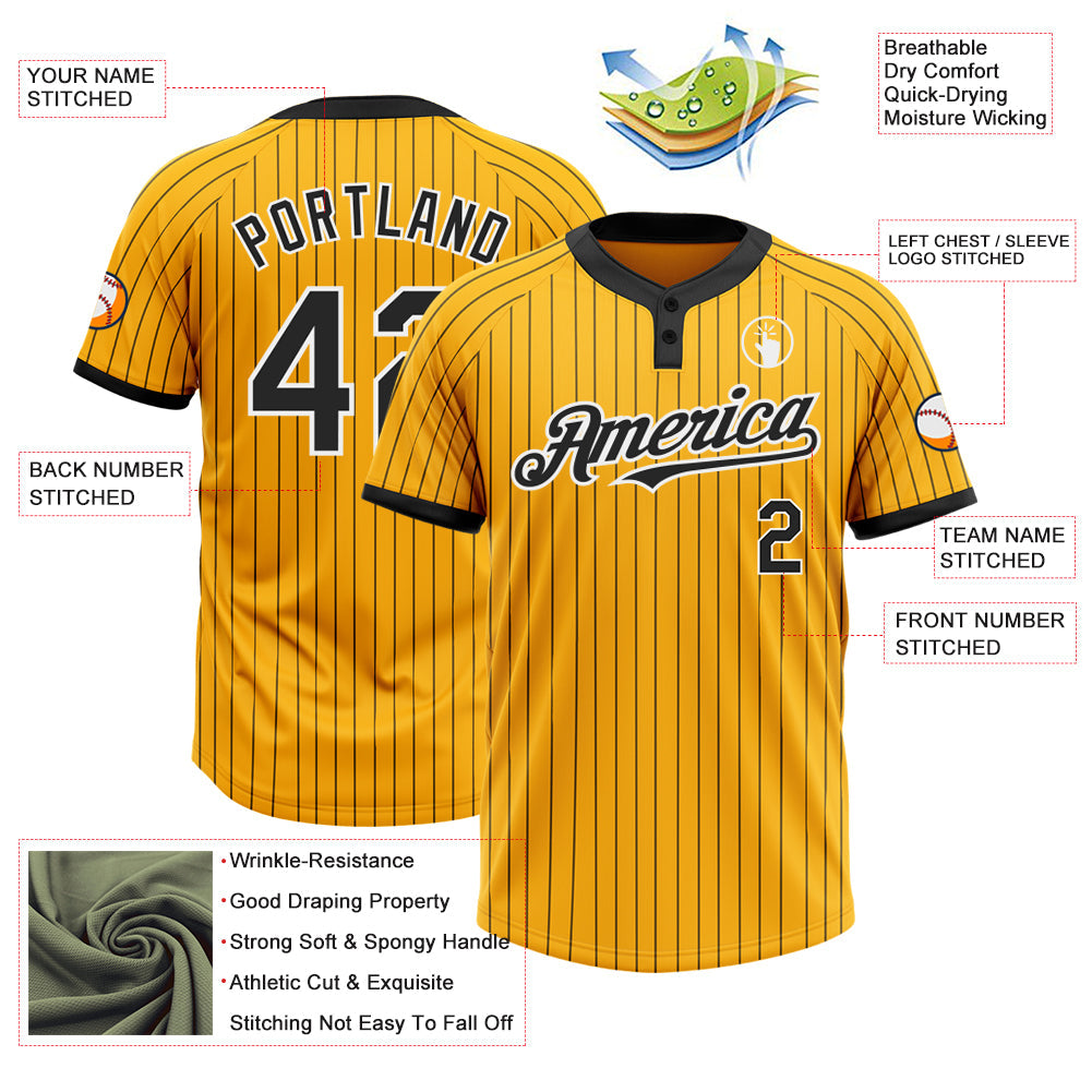 Custom Gold Black Pinstripe White Two-Button Unisex Softball Jersey view 3