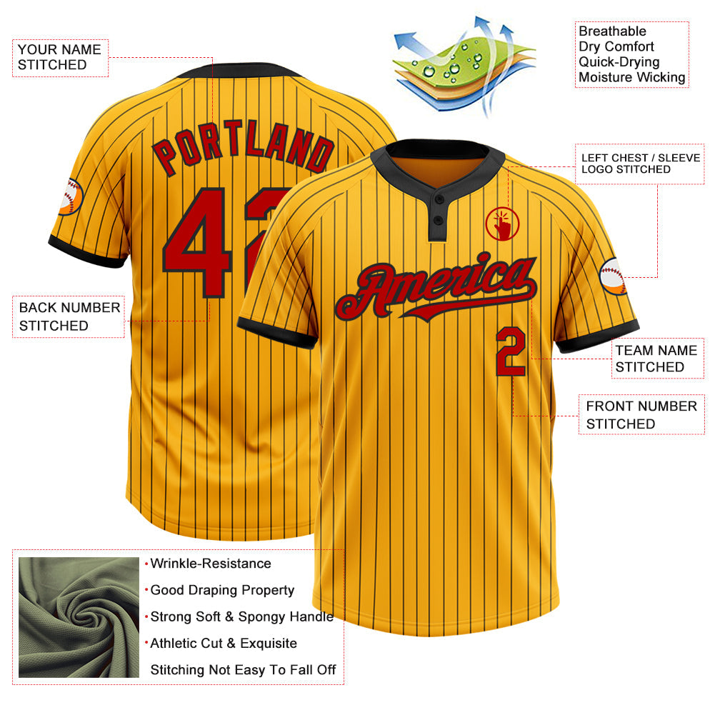 Custom Gold Black Pinstripe Red Two-Button Unisex Softball Jersey view 3