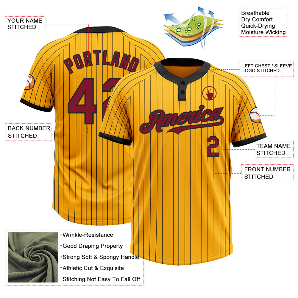 Custom Gold Black Pinstripe Crimson Two-Button Unisex Softball Jersey view 3