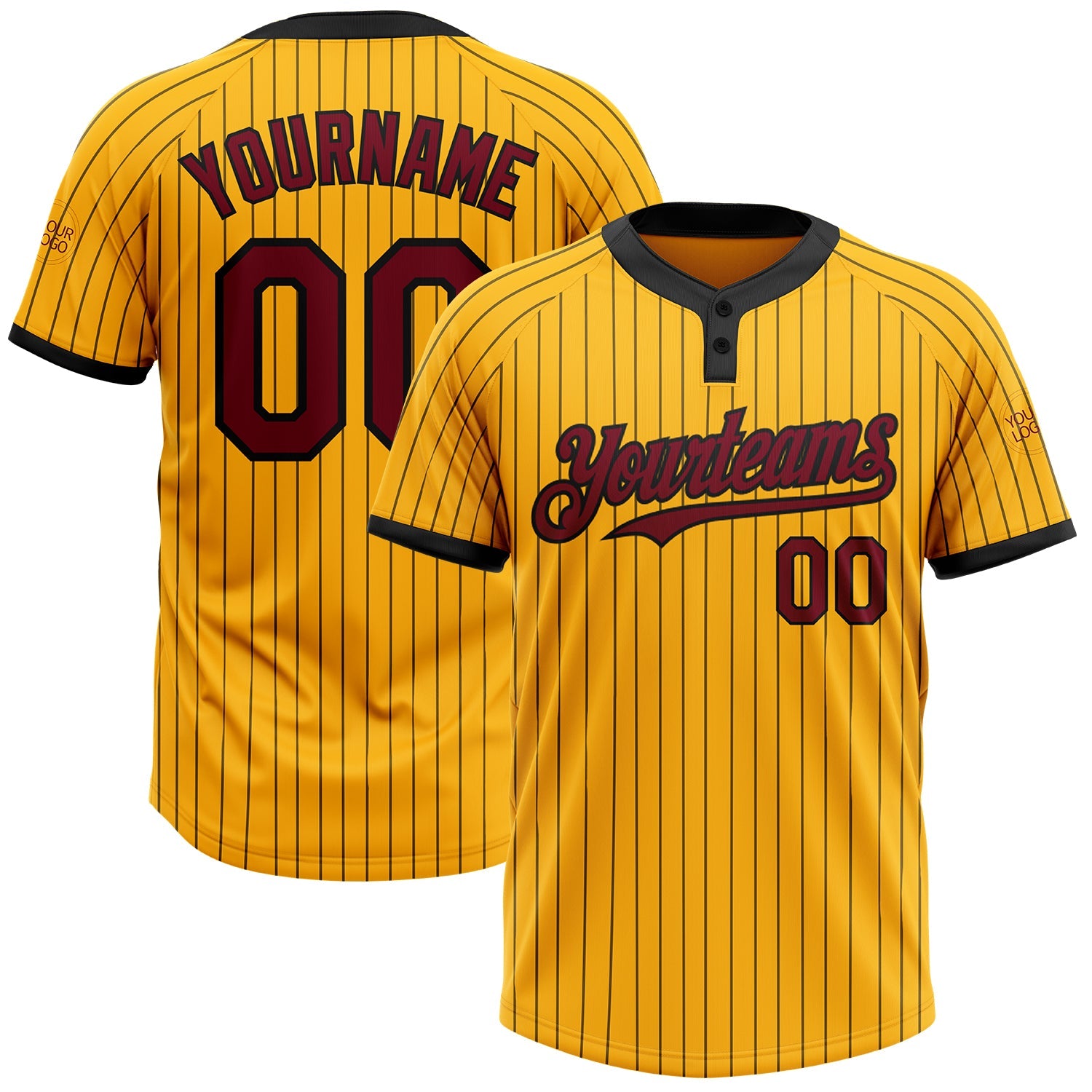 Custom Gold Black Pinstripe Crimson Two-Button Unisex Softball Jersey - Main View