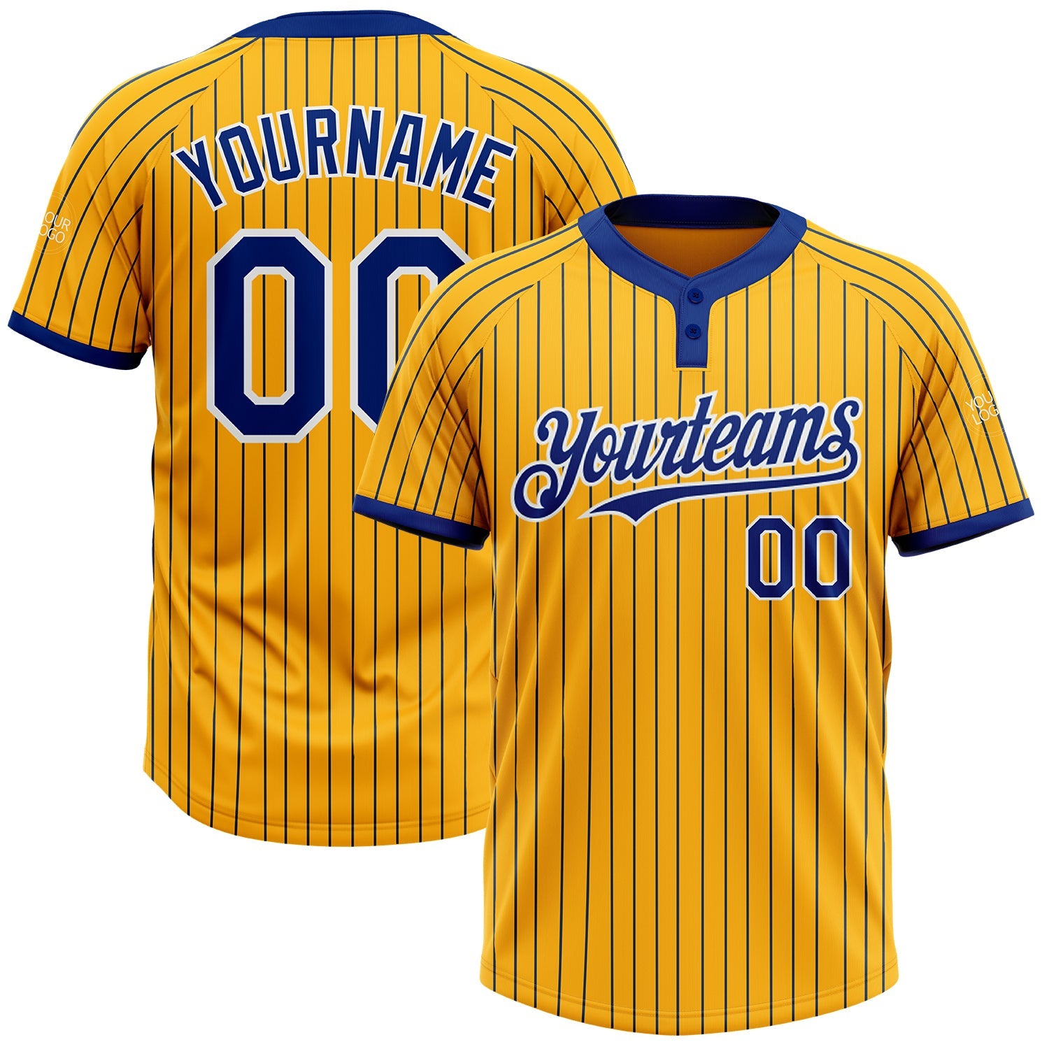 Custom Gold Royal Pinstripe White Two-Button Unisex Softball Jersey - Main View