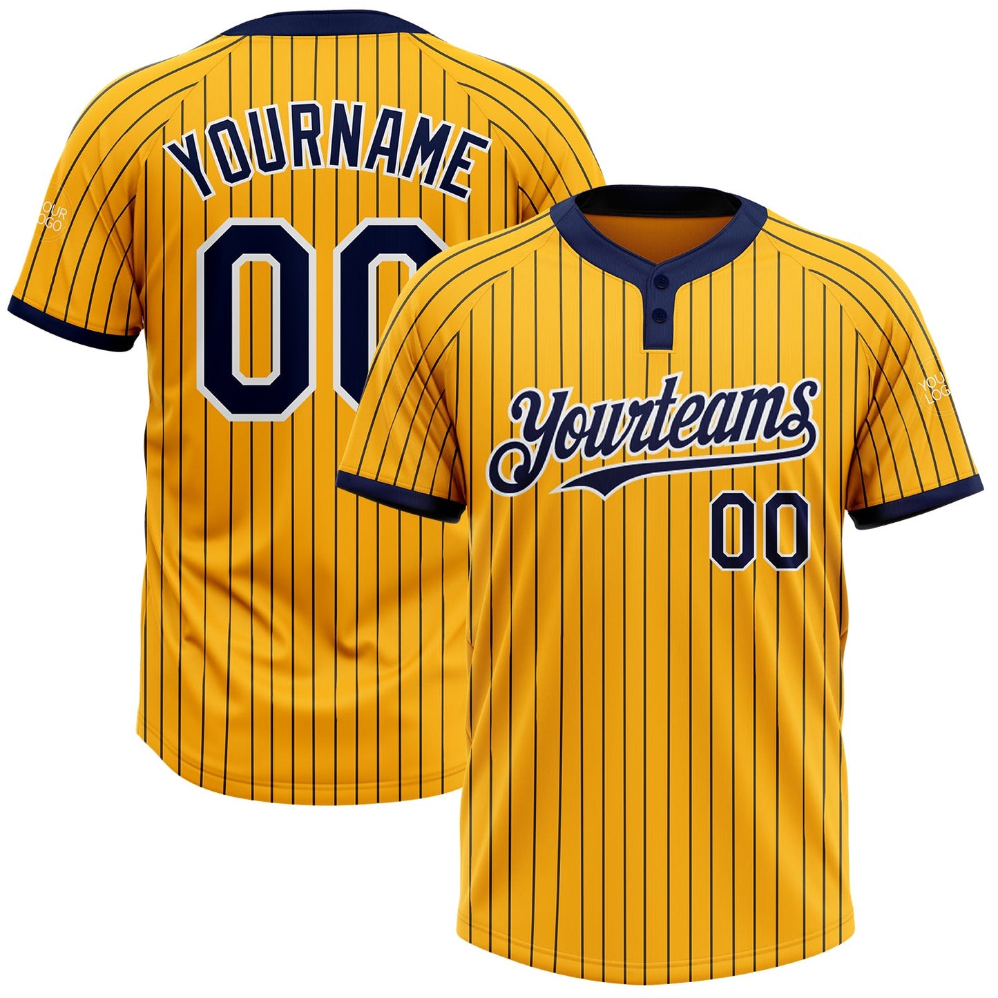 Custom Gold Navy Pinstripe White Two-Button Unisex Softball Jersey - Main View