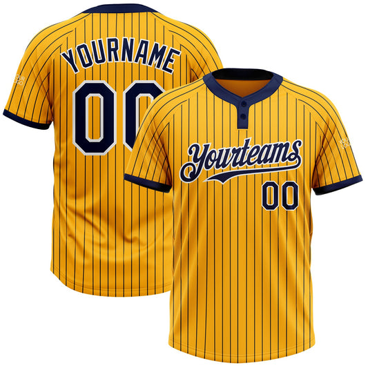 Custom Gold Navy Pinstripe White Two-Button Unisex Softball Jersey - Main View